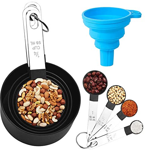 HAOMEEDUO 8 Stk Messlöffel Set Kunststoff Messbecher und Löffel mit Messlineal Plastik Messlöffel Cups zum Backen Schwarz Messlöffelset Dosierlöffel Set mit Trichter für Trockene Und Flüssige Zutaten