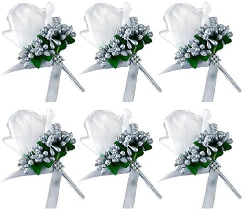 6 Stück Hochzeit Braut Blumen Anstecker,Handgefertigte Rose Bräutigam Boutonniere Hochzeitsbrosche Blumenstrauß Korsage künstliche Blumen für Party Prom Männer Anzug Dekoration,Weiß Silber