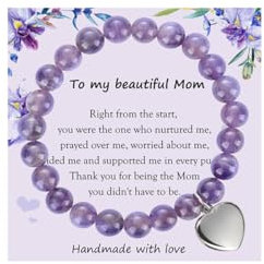 Emibele Amethyst Armband, Schöne Geschenke für Mutter, 8mm Natürliches Edelstein Perlenarmband mit Edelstahl Herzanhänger, Handgemachtes Heilendes Armband für Damen Frauen und Mädchen, Lila