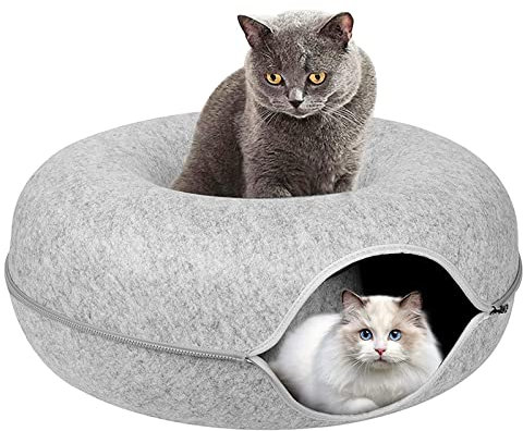 Katzentunnelbett, Katzenversteck für den Innenbereich, große Katzenwohnung und Katzenhöhle für den Innenbereich, abnehmbarer runder Filz und waschbarer Innen-Katzenspieltunnel,Light gray,L