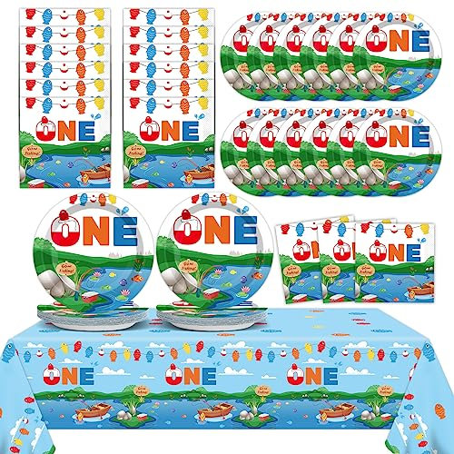 Ofishally One Birthday Party Supplies Serves 24 Gone Fishing 1st Party Paper Plates Napkins Little Fisherman Tablecloth Set Tableware Kit for Baby Shower Decorations Kids Boys Girls