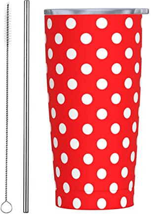 XVBCDFG Gobelet rouge blanc à pois 20 oz avec couvercles et pailles en acier inoxydable tasse à café sous vide pour voiture, bureau, voyage en plein air.