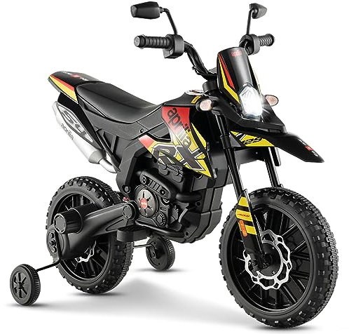 GYMAX Kids Electric Motorbike, 12V Aprilia Licensed Battery Powered Ride on Motorcycle with Training Wheels, Music, USB, Wireless Function & light, Children Dirt Motor Bike for 3-8 Years Old (Black)