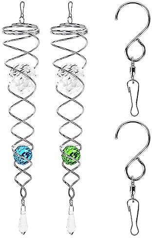 e-Buypls 2PCS Gazing Ball Spiral Tail Wind Spinner Stabilizer, 12 Inch Stainless Steel Glass Ball with Hanging Swivel Hook for Outdoor Garden Wind Spinner Catcher Decorations(Lake Blue + Green)