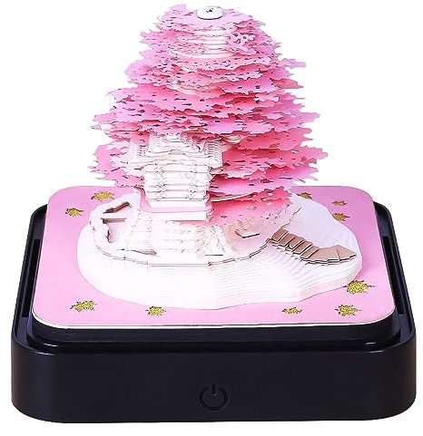 Schreibtischkalender mit Lichtern, 2024 Kalender 3D Memo Pad Papier Kunst Sakura Baum Kreative 3D Notizblock Papier Schnitzen Geschenk Desktop Dekoration (Rosa)