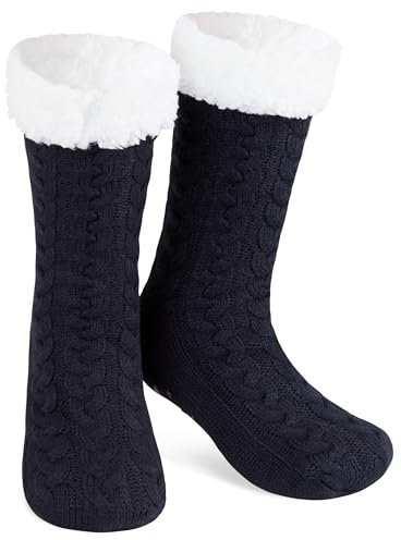 CityComfort Kuschelsocken Damen Flauschig Warme Stoppersocken mit Fleece Futter und ABS Sohle, One Size (Dunkelblau)