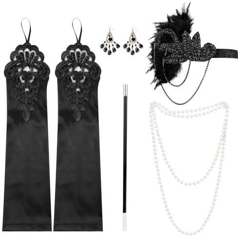 KEWUZY 5 Teiliges 20er Jahre Accessoires, Great Gatsby Accessoires Flapper Set, Charleston Accessoires Damen, mit Flapper Stirnband Handschuhen Perlenkette Ohrringen für Halloween Weihnachten