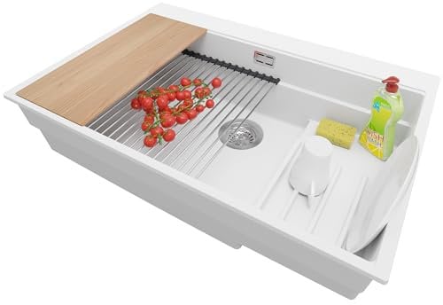 PRIMAGRAN Fregadero Cocina Blanco 78x53cm, Granito 1 Seno + Sifón + Accesorios, Sobre encimera al mueble 80cm - Oslo Max