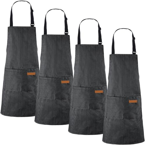 Handepo 4 Pcs Kitchen Aprons with Pockets, Narrow Stripes, Black