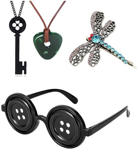 Generic XHBTS Halskette mit Knopfaugen und Brille, Koraline, Stein-Halskette, Koraline, Libelle, Haarspange, Aufkleber-Set, Halloween-Schmuckzubehör, grün