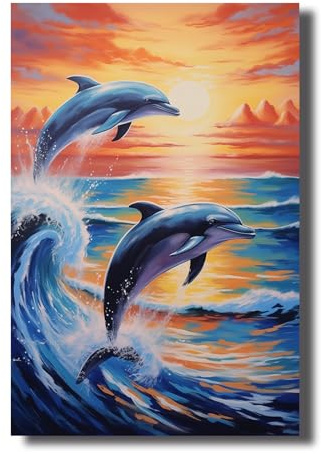 LZIMU Delfin Leinwand Bilder springender Delfin bei Sonnenuntergang Bilddrucke Aquarell Meereslandschaft Meereswellen Poster für Kinderzimmer Dekoration (Bild-4, (30.00 x 45.00 cms))