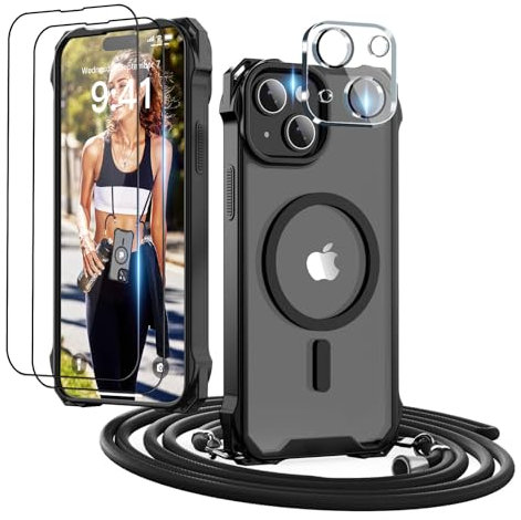 GUtttGU Handykette für iPhone 15 Hülle mit Band mit 2 Displaychutzfolie Panzerglas + 2 Kamera Schutzfolie Transparent Handyhülle Kompatibel mit Magsafe Schutzhülle Case für iPhone 15 Schwarz