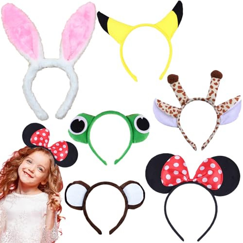 Ancuioyz Tier Haarreif, 6 Stücke Cartoon Hasenohren Mit Ohren Stirnbänder, Giraffe, Frosch, Maus Stirnband, Kinder Set für Cosplay Geburtstag Party Karneval