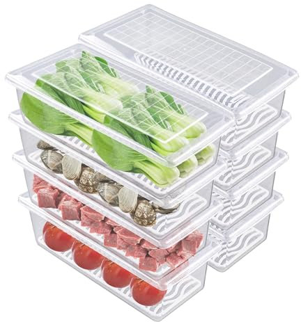 WOPPLXY 8 recipientes de almacenamiento de productos con rejilla escurridora, organizador de almacenamiento de plástico de 1.5 L, contenedores apilables de almacenamiento de alimentos para frutas