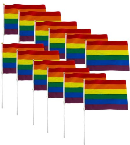 Carnavalife 12/24 PCS Banderas Orgullo Gay con palo a mano, Bandera lgtb arco iris, lgbt flag (12)
