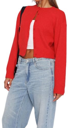 Womens Y2K Cardigan Sweaters Long Sleeve Open Front Button Down Crop Sweater Solid Knit Pullover Fall Outfits Tops (Red, S)