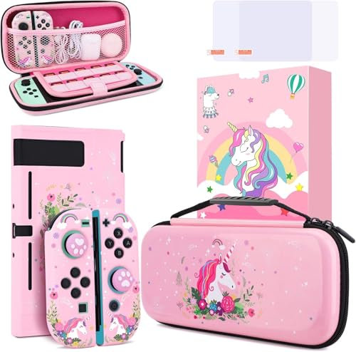 JYPS Unicorno Custodia Compatibile con Nintendo Switch, 7 in1 Rigida Custodia con Protezione Dello Schermo et Switch Cover, Borsa da Viaggio per Nintendo Trasporto Protettiva per Bambina(Rosa)