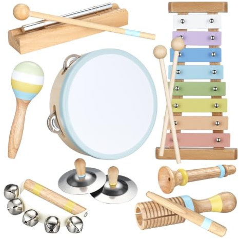 POGOLAB Strumenti musicali bambini, 8 giocattoli musicali in legno Montessori, tra cui xilofono/tamburello/maracas/campanello da polso, strumenti a percussione giocattolo per bambini dai 3 anni in su