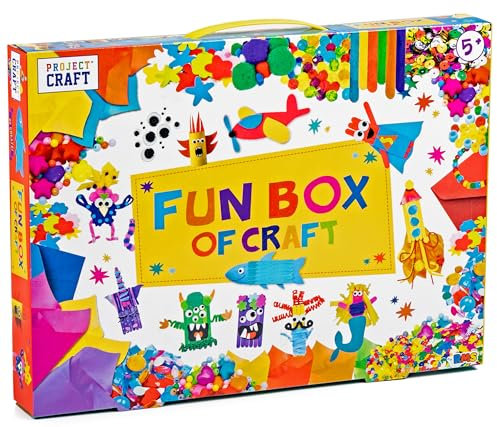 Kids Fun Box of Craft with Glitter Glue, Pom Poms, Beads, Wobbly Eyes, Pipe Cleaners, Foam Shapes & More – Arts & Crafts Supplies for Ages 5+ – Ideal Rainy Day Activity, Craft Parties & Creative Play
