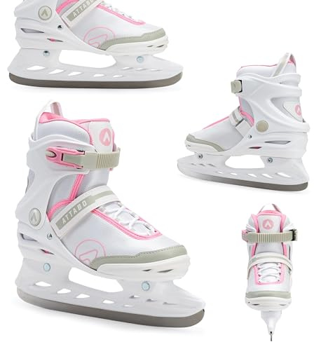 ATTABO Tora Damen Freizeit-Schlittschuhe – Schnalle & Klettverschluss, Starke knöchelstütze, edelstahlkufen, Komfort & Sicherheit für anfänger und fortgeschrittene, Elegantes klassisches Design, weiß