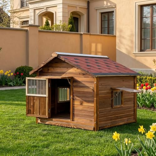 Wetterfeste Hundehütte für draußen mit Fenster, Hundehütte aus Kiefernholz mit erhöhtem Boden für große Hunde, leicht zu reinigen, extra große Tierhütte mit wasserdichtem Dach, 5XL