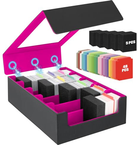 POKIENE 3950+ Trading Card Storage Box, 5 Rows Commander Card Deck Box with Top Display Window & 48 Card Dividers, PU Leather Card Box for Mtg, Tcg, Sports Cards, UNO Cards, Purple