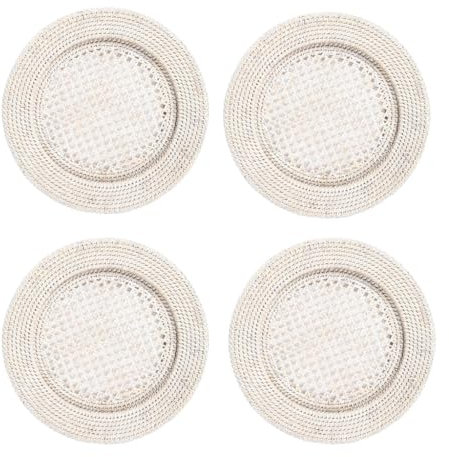 Charger Plate Set of 4 Table Mats Premium Woven Rattan Placemats with Glazed Finish Dining Table Kitchen Island Breakfast Bar Table Place Mats (White)