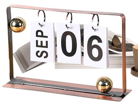 Schreibtischkalender, aufstellbarer Metall-Flip-Zeitplan, wiederverwendbarer Eisenkalender für Zuhause und Büro, Dekoration, 22,9 x 5,9 x 14 cm, Schwarz und Weiß, bronzefarben