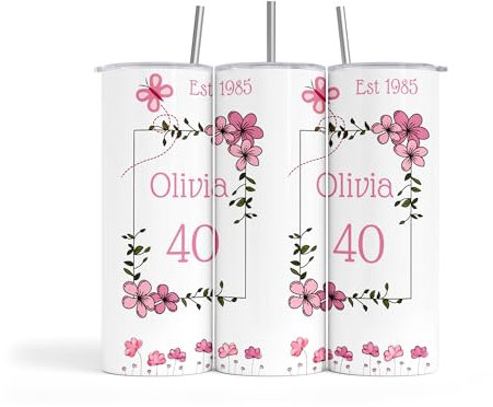 Personalised Pink Floral Design 20oz White Skinny Stainless Steel Insulated Tumbler Travel Coffee Water Mug Lid Straw Bottle Cup Sports Gym 18th|21st|30th|40th Birthday