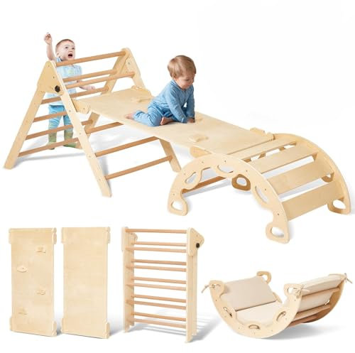 Giant bean 5-in-1 Montessori Kletterdreieck mit Kletterbogen und Rutsche, Holzdreieck für Kleinkinder ab 2-5, Indoor Kletterspielzeug, Regenbogen mit Griff (M - Wood)