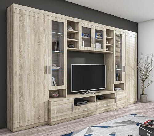 AXLIVING Parisca Klassische Wohnwand mit viel Stauraum Sonoma Eiche