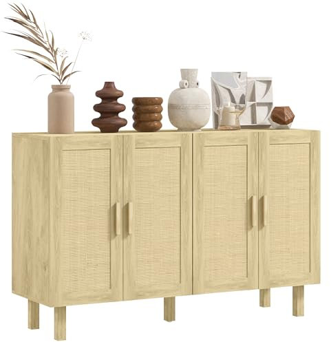 HOMCOM Aparador 4 Puertas de Rejilla de Ratán Aparador para Salón Nórdico con Estantes Ajustables para Comedor Entrada Dormitorio Natural 120x39,5x76 cm