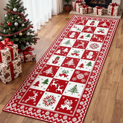 GENIMO Weihnachts Läufer Teppich Kurzflor, Antirutsch & Waschbar, Perfekt für Flur & Küche, Rot-Weiß Karomuster mit Schneemann & Rentier, 60×180 cm