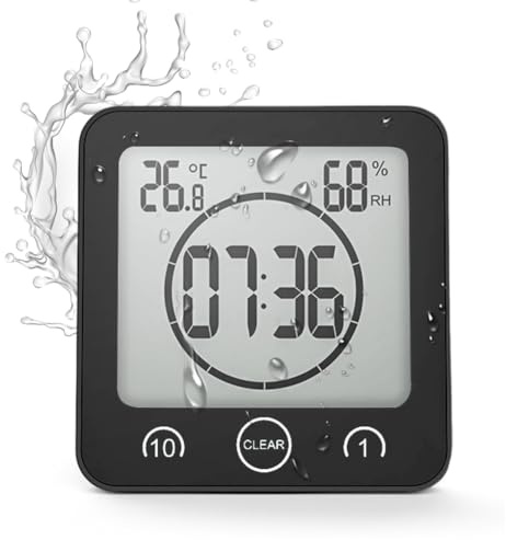 Peelanmall Baduhr Badezimmeruhr,Badewannentimer‌ mit Hygrometer und Thermometer,LED Display,IP25 Waterproof,Digitale Badezimmeruhr,Countdown Timer für Dusche,Küche,Familienalltag (Schwarz)