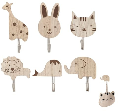 sofun 6 PCS Süße Tier-Kleiderhaken für Kinder – Selbstklebend aus Naturholz, Garderobenhaken mit Elefant/Wal/Katze/Löwe/Kaninchen/Giraffe, für Kinderzimmer/Schlafzimmer/Badezimmer