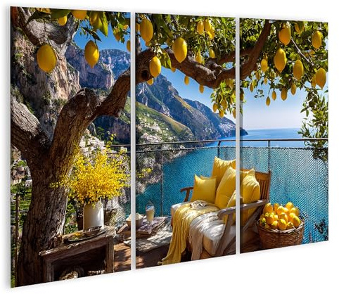 islandburner Bild auf Leinwand Balkon mit Zitronenbaum und Meerblick - Wandbild für Wohnräume - 3-teilig