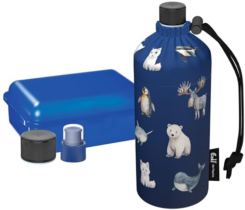 Emil Glas Trinkflasche Starterset Polarfreunde – mit Brotbox & 3 Verschlüsse, 0,3l oder 0,4l, isolierte Kinderflasche für Kita, Kindergarten & Schulstart, schadstofffrei (0,4l)