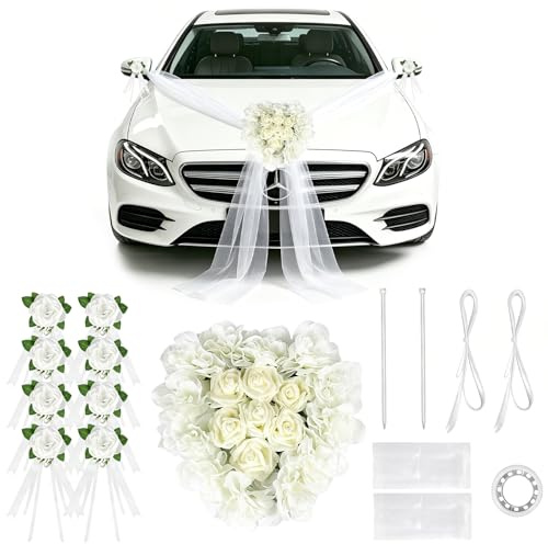 Herzförmiges Autoschmuck Hochzeit Set Weiß, Auto Motorhaube Dekoration mit Blumenkranz und Rosen, Hochzeitsauto Schmuck Set mit 1x Herzgirlande 4x Türgriffblumen 2x 1,8m Tüll, Wedding Deko