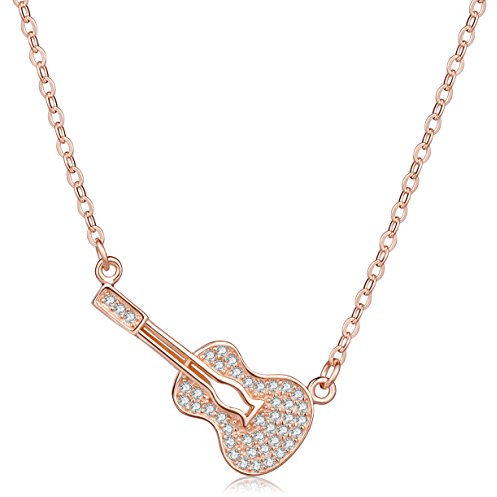 Yumilok Damen Halskette mit Zirkonia Gitarre Anhänger Mädchen Kette Roségold aus 925 Sterling Silber Gitarrenkette für Frauen