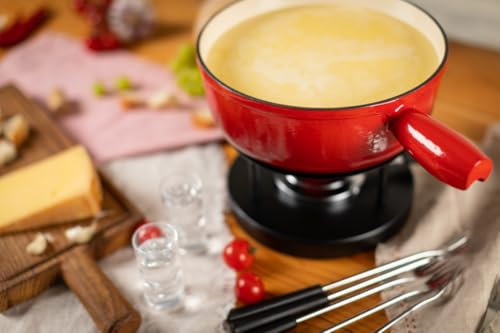 Kuhn Rikon 32236 Fondue au Fromage Set en Fonte 24cm, Fonte, Rouge, 34 x 26 x 23 cm