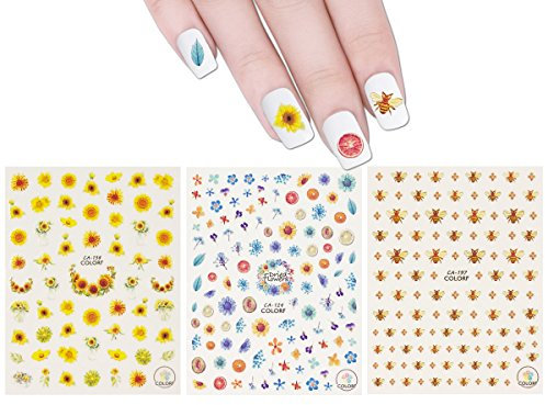Allydrew 3 Sheets Buzzing Nature Art Bees & Sunflowers Nail Stickers, 3 Count