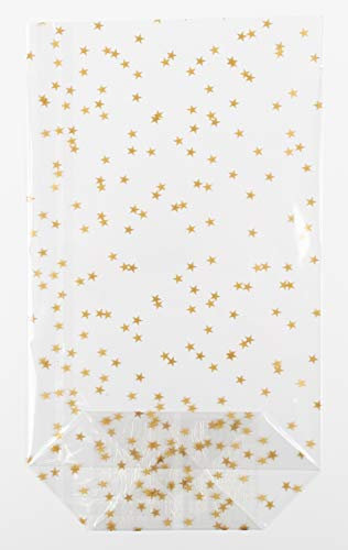 HEKU 100er Packung Transparente Bodenbeutel mit goldenen Sternen 160x95x35mm I Stabiler Kreuzboden I Reißfestes Polypropylen Material I Ideal für Weihnachten & selbstgebackene Plätzchen