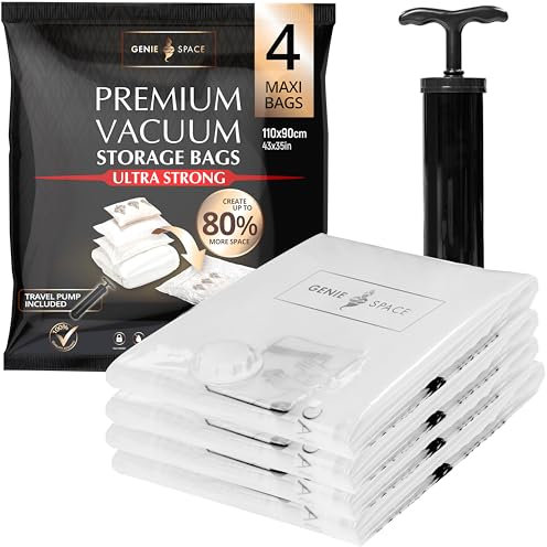 GENIE SPACE - Unglaublich starke Premium platzsparende Vakuumbeutellagerung | 4 x MAXI (110x90cm) | Luftdicht & wiederverwendbar | Erstellen Sie 80% mehr Platz | Für Kleidung, Handtücher usw.