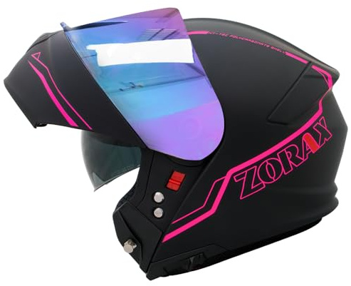 Zorax ZOR-838 Motorbike Flip up Helmet + Extra Iridium Visor | Matt Black/Pink S (55-56cm) Modular Front Motorcycle Helmet Motorbike Motorcycle ECE 2206 Approved