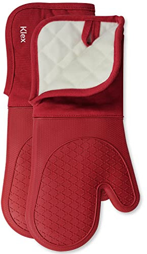 Klex Extra Lange Silikon-Ofenhandschuhe, 500 Grad hitzebeständig, mit gestepptem Baumwollfutter, Ofenhandschuhe, 2-teiliges Set, 38,1 cm, Rot