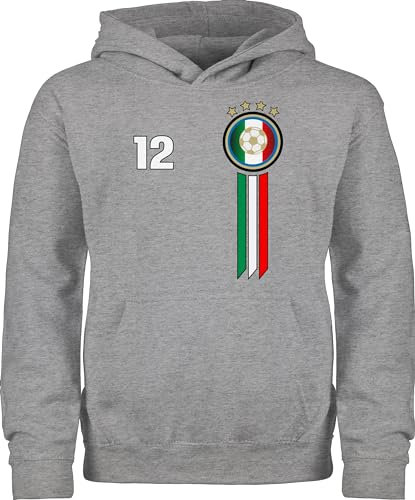 Kinder Hoodie Jungen Mädchen - Fußball EM WM - 12. Mann Italien Emblem - 104 (3/4 Jahre) - Grau meliert - Soccer Cup Italia Pulli Jungs Fussball Fan Hoody Europa 2024 Fanartikel Pullover