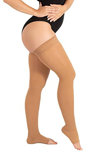 RIEMTEX PREMIUM Kompressionsstrümpfe Klasse 2 CCL2 23-32 mmHg mit offener Spitze Schenkelstrümpfe Damen Herren (Größe 7, Caramell)