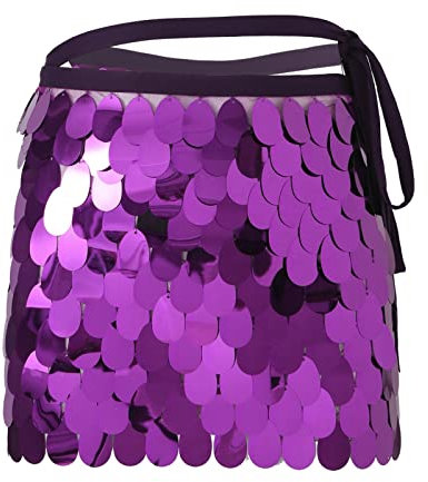 Donne Shiny Solid Sequin Tassel Dance Mini Skirt Breve Breve Gonna Hip Stage Performance Costume Lace-up Abito con Frange (Color : Purple, Size : One Size)