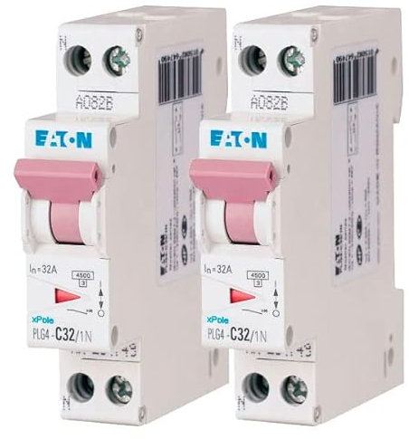 EATON 264749 PLG4-C32/1N - DISJONCTEUR MODULAIRE PH/N - Blanc - MANETTE VIOLETTE - 1P+N / 32 A - COURBE C - Raccordement à vis - 2 disjoncteurs