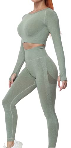 JOJOANS Fitness-Sets für Frauen, 2-teilig, nahtlos, Trainingsanzug, Workout, Yoga, Outfit, Loungewear, langärmelig, bauchfreies Top, hohe Taille, Leggings